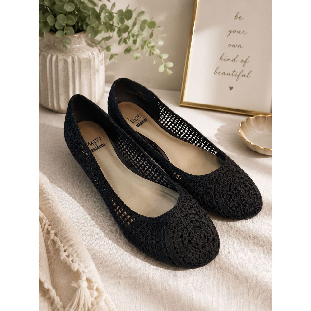 Impo Stretch Heiress Crochet Flats Women’s Size 11 Black Comfort Slip On Shoes